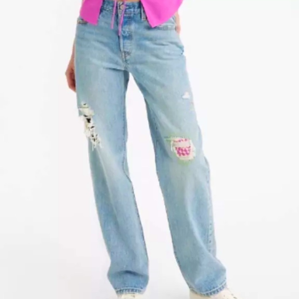 Levi's Blue Straight Leg Jeans with Distressed Details